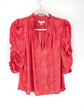 Current Air Anthropologie Jacquard Blouse Coral Pink Puff Sleeve Top Small